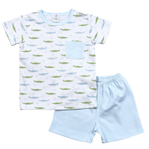 Pima Cotton Short Sleeve Top & Short Set - Blue and Green Alligators