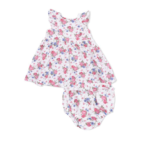 Muslin Ruffle Sleeve Dress & Bloomer - Cabbage Roses