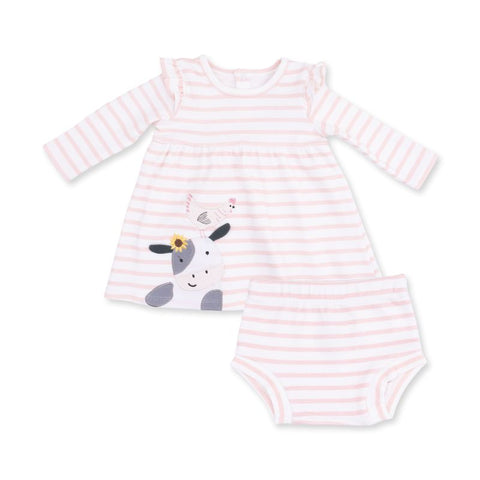 Organic Cotton Long Sleeve Ruffle Dress and Bloomer Set - Pink Cows