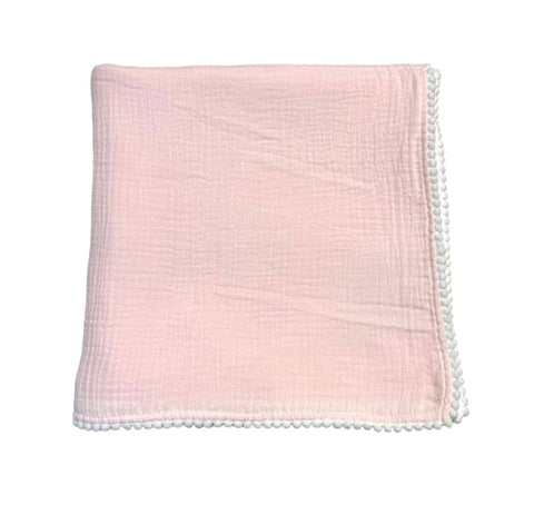 Muslin Swaddle Blanket with Pearl Pom Poms