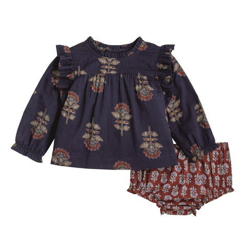Cotton Ruffle Block Print Dress with Bloomers - Navy Floral