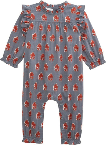 Cotton Ruffle Block Print Romper - Steel and Orange Floral