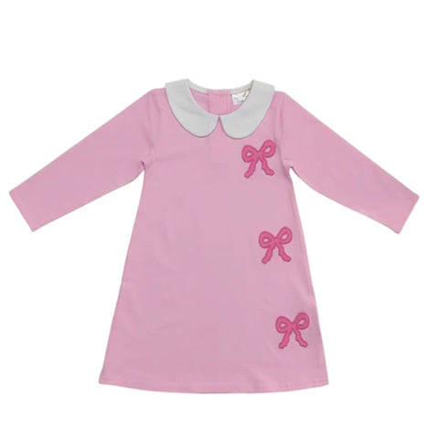 Long Sleeve Collared Bow Applique Dress - Pink