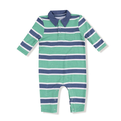 Bamboo Long Sleeve Polo Romper -  Rugby Stripe