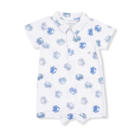 Bamboo Polo Short Romper - Blue Crabs