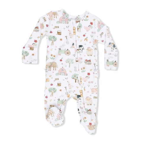 Bamboo Cotton Ruffle Zipper Footie - Cute Farm Animals