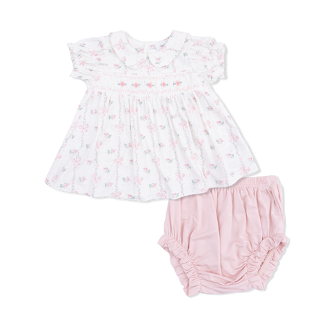Bamboo Smocked Dress & Diaper Cover - Dainty Buds and Bows