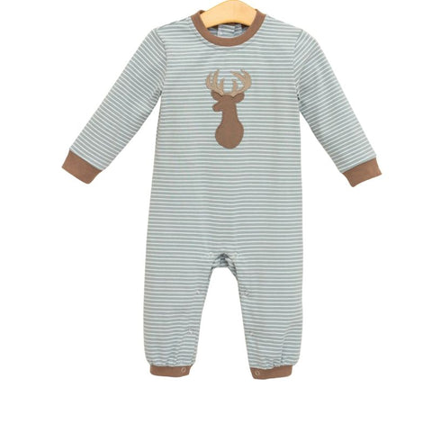 Cotton Applique Striped Playsuit -Deer