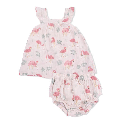 Muslin Ruffle Sleeve Dress & Bloomer - Flamingoes