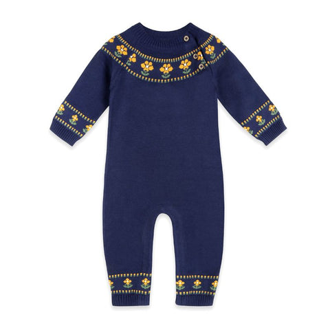 Organic Cotton Long Sleeve Knit Romper - Floral Fair Isle
