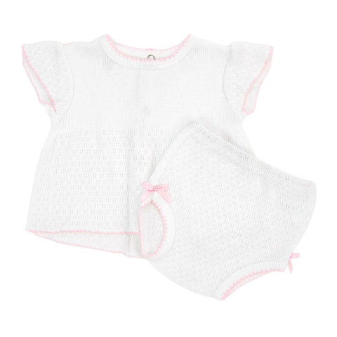 Knit Flutter Sleeve Diaper Set - White with Pink Trim
