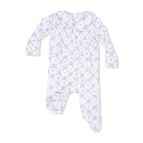 Bamboo Cotton Ruffle Smocked Footie - Pink Golf Trellis