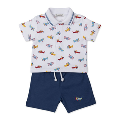 Pima Cotton Polo Shorts Set - Let's Fly Away - 12-18 Months