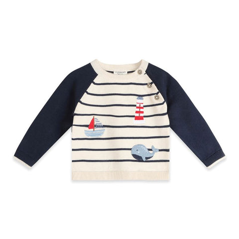 Organic Cotton Long Sleeve Knit Pullover -  Nautical Stripe