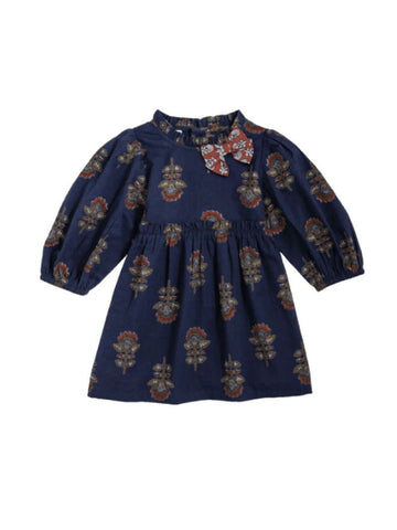 Cotton Ruffle Block Print Dress with Bow - Navy Floral