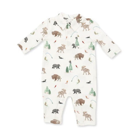 Bamboo Long Sleeve Polo Romper - Northern Woodland Animals