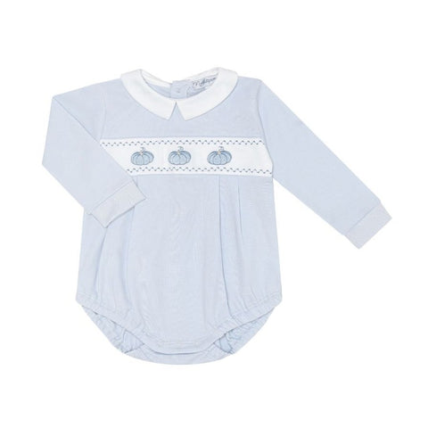 Pima Cotton Smocked Embroidered Bubble - Pumpkin Patch Blue