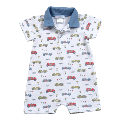 Pima Cotton Polo Romper - Racecars
