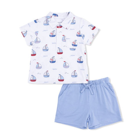 Bamboo Polo Short Set - Bubble Sailboats