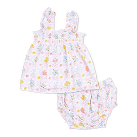 Bamboo Ruffle Dress & Diaper Cover - Spring Blooms Bow Trellis