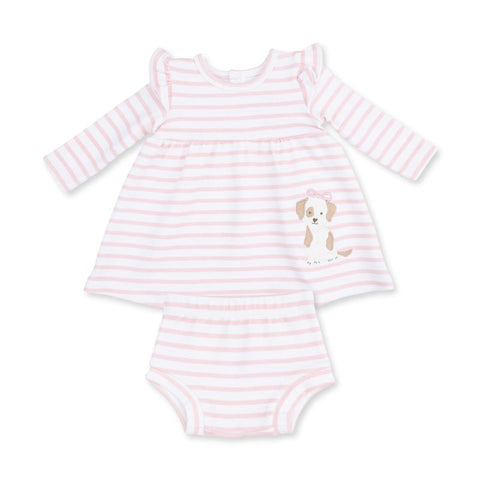 Organic Cotton Long Sleeve Ruffle Dress and Bloomer Set - Stripe Puppy