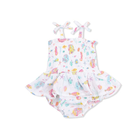 Muslin Smocked Bubble with Skirt - Sunny Coral Reef Fish