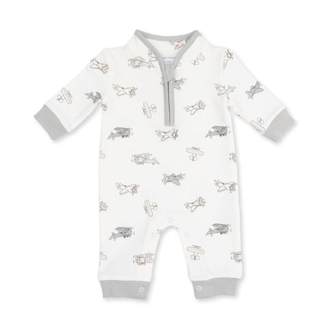 French Terry Long Sleeve Zip Neck Romper - Vintage Airplanes